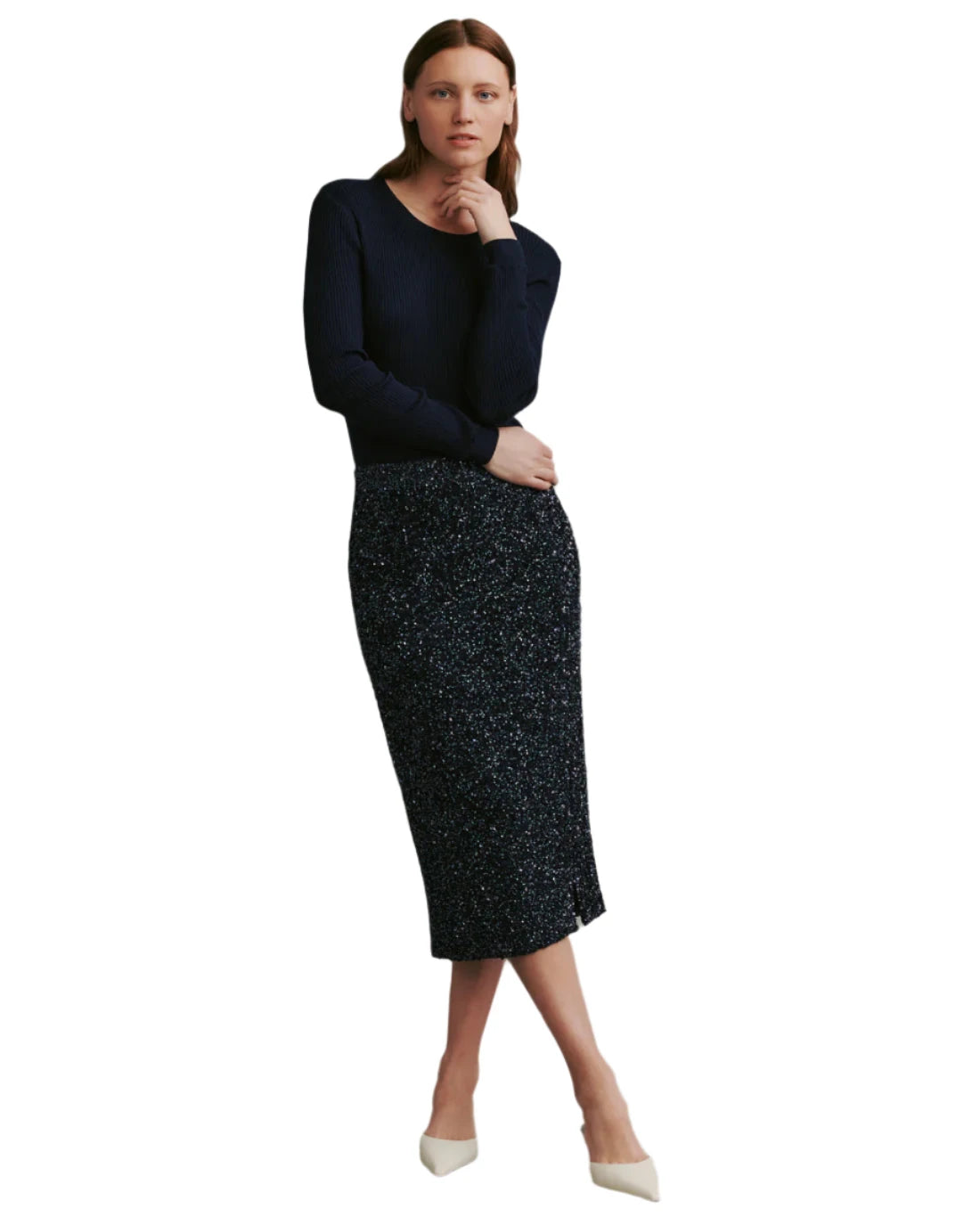 Sequined Paltrow Skirt in Midnight lightweight skirt design