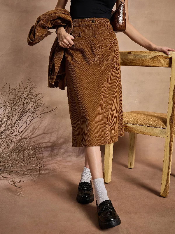 Women Brown Corduroy Mock Pocket Skirt ruffled skirt detail