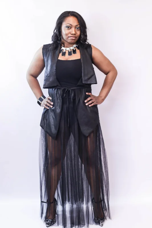 Black Sheer Skirt and Faux Leather Vest silk skirt elegant