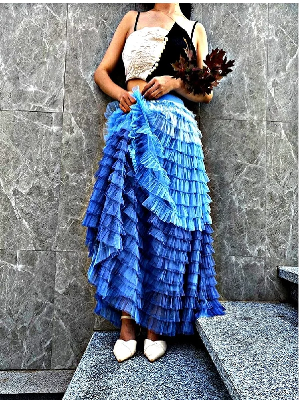 Sky Blue Maxi Ruffled Skirt casual skirt length