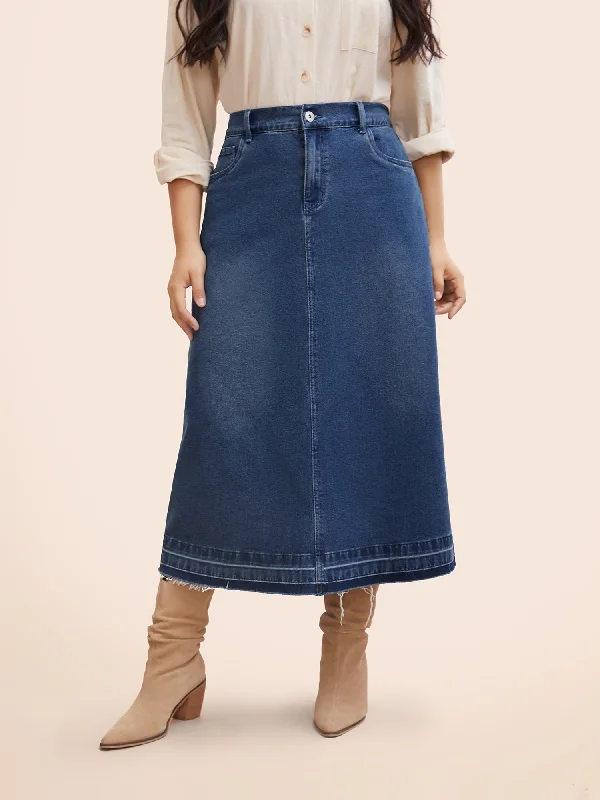 Stretch Denim Back Slit Midi Skirt silk skirt smooth