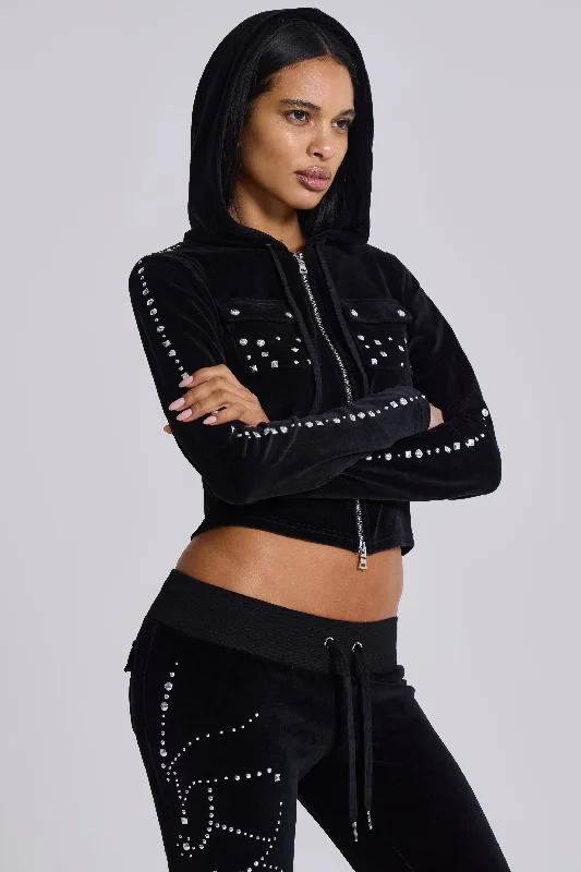 Superset Studded Velour Fitted Hoodie Hoodie with Hem Raw Edge Edgy Unfinished