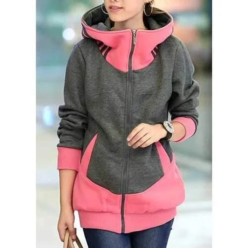 Stylish Zippered Long Sleeve Color Block Hoodie For Women - Pink M Hoodie with Lining Warm Insulated Stylish Zippered Long Sleeve Color Block Hoodie For Women - Pink M Hoodie with Lining Warm Insulated