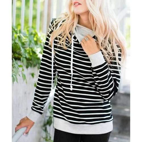 Women's Chic Long Sleeve Hooded Striped Hoodie - Black Xl Hoodie with Drawstring Waist Adjustable Fitted Women's Chic Long Sleeve Hooded Striped Hoodie - Black Xl Hoodie with Drawstring Waist Adjustable Fitted