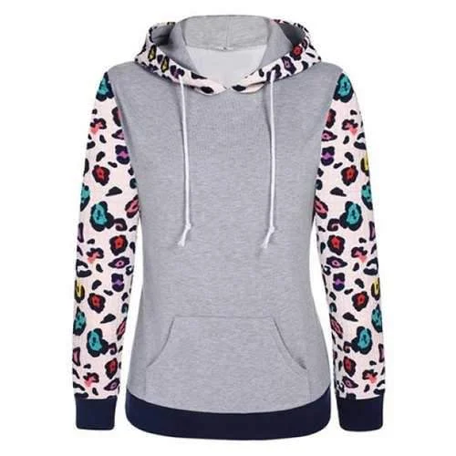 Casual Hooded Leopard Spliced Long Sleeve Hoodie For Women - Gray M Hoodie with Raw Hem Edgy Unfinished Casual Hooded Leopard Spliced Long Sleeve Hoodie For Women - Gray M Hoodie with Raw Hem Edgy Unfinished