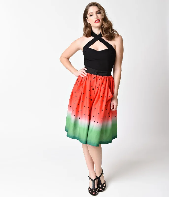 Unique Vintage Watermelon Ombre Button Up Elora Swing Skirt denim skirt fashionable