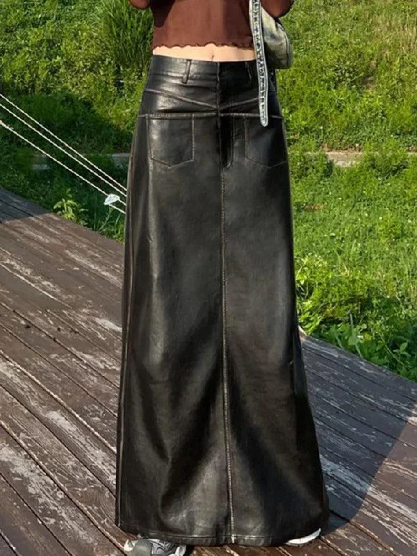 Vintage Leather Multi Pocket Maxi Skirt silk skirt smooth