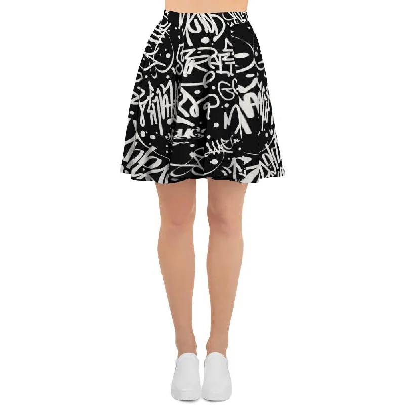 White And Black Graffiti Doodle Text Print Women's Skirt ribbed skirt waist
