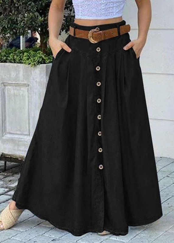 Women Solid Color Bottom Front Loose Casual Long Skirt With Pocket cashmere skirt rich