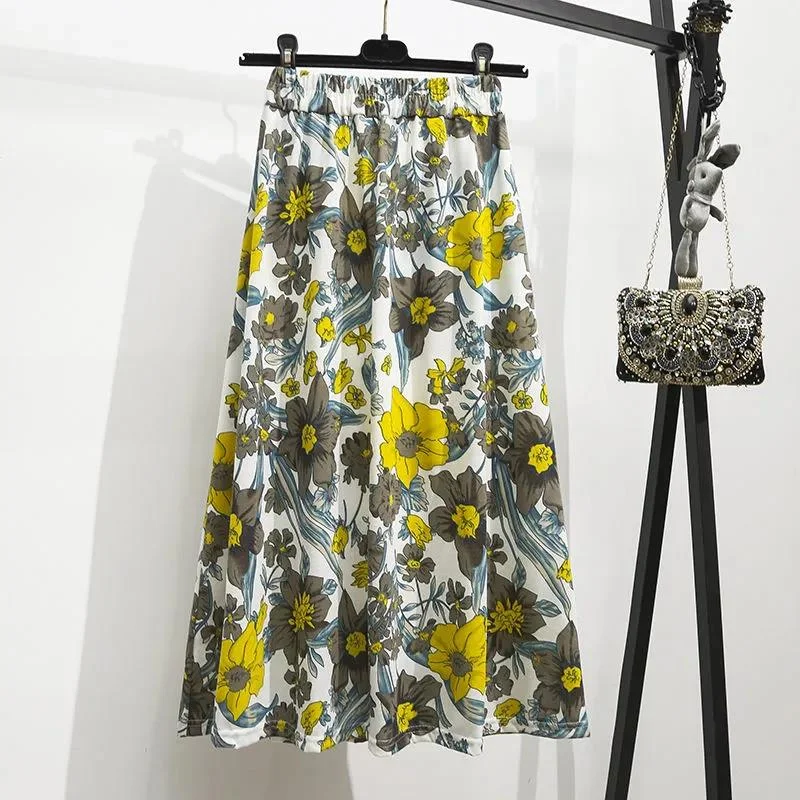 Women Summer Skirt Vintage Elastic Waist Mid-length Holiday Skirt Slim Floral Print Elegant Casual Skirt summer skirt style
