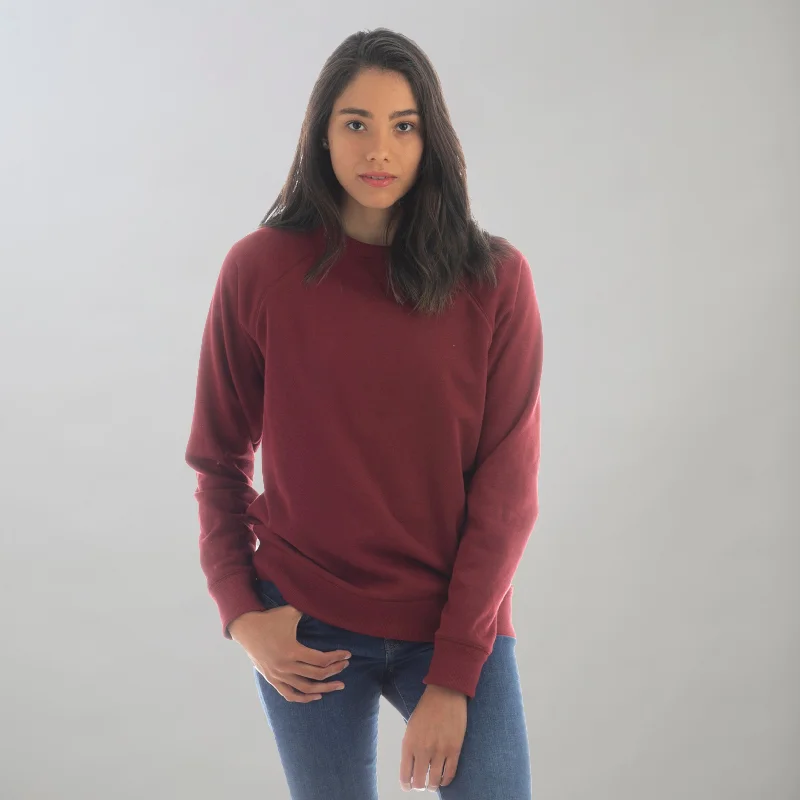 Women's Crew Neck Sweatshirt- Pomegranate Red Hoodie with Stripes Bold Sporty