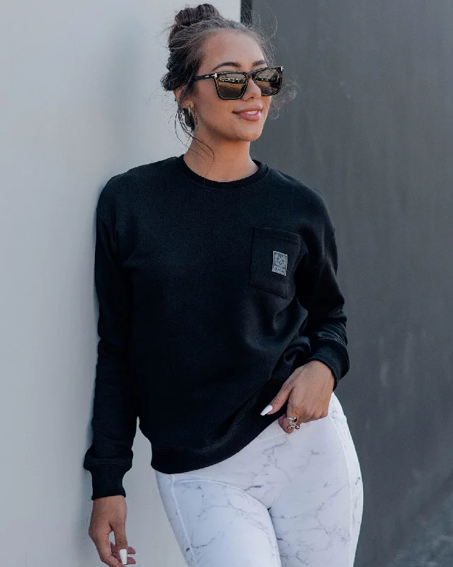 Women's Pocket Crewneck Sweatshirt - Black Hoodie with Pocket Utility Practical