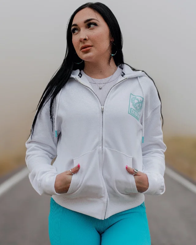 Women's Tiffany Box Crest Zip Up Hoodie - White Hoodie Crop Top Short Trendy
