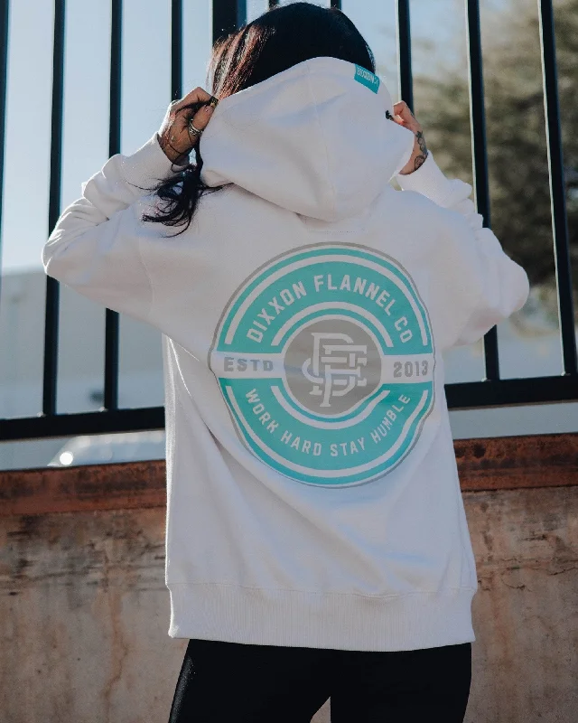 Women's Tiffany Work Hard Badge Zip Up Hoodie - White Hoodie with Back Slit Movement Comfort Women's Tiffany Work Hard Badge Zip Up Hoodie - White Hoodie with Back Slit Movement Comfort