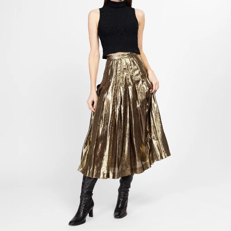 XS 80s Metallic Gold Pleated Midi Skirt 24.5" linen skirt relaxed