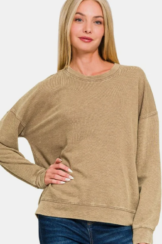 Zenana Washed Round Neck Dropped Shoulder Sweatshirt Hoodie with Camouflage Military Edgy Zenana Washed Round Neck Dropped Shoulder Sweatshirt Hoodie with Camouflage Military Edgy