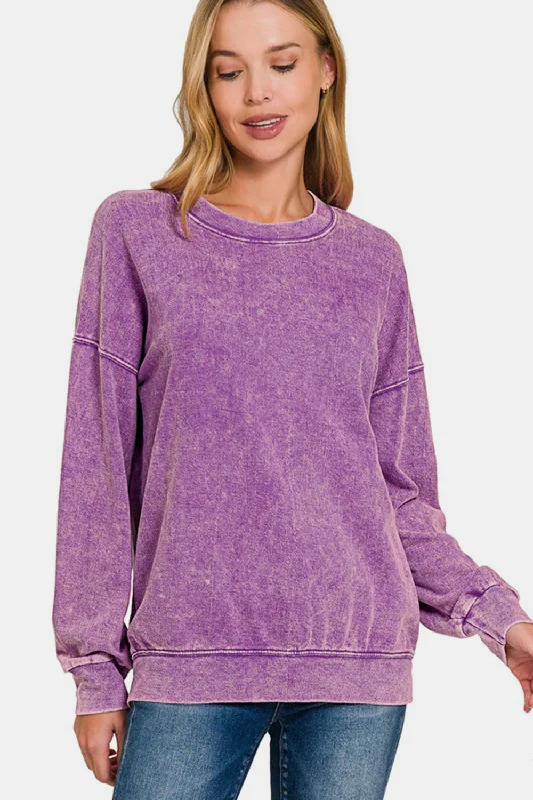 Zenana Washed Round Neck Dropped Shoulder Sweatshirt Hoodie with Ribbed Hem Stretchable Secure Zenana Washed Round Neck Dropped Shoulder Sweatshirt Hoodie with Ribbed Hem Stretchable Secure
